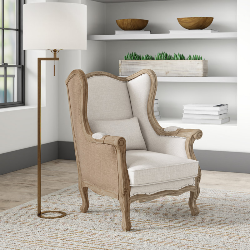 Upholstered Wingback Chair, Light Sand, Brushed Smoke