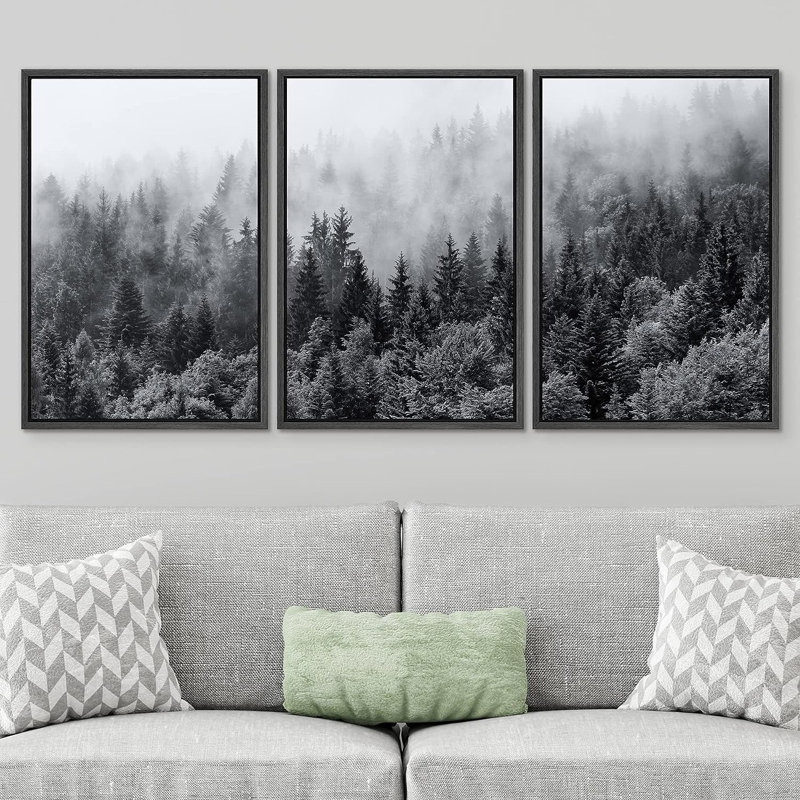 «Misty Forêts of Evergreen Coniferous Trees in an Ethereal Landscape», reproduction de photo sur toile 3 pièces