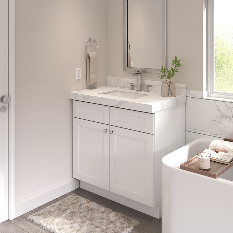 Vasque de salle de bain, 49 po L x 22 po P x 2,5 po H, en porcelaine, avec 3 trous prépercés pour robinetterie, blanc Carrara