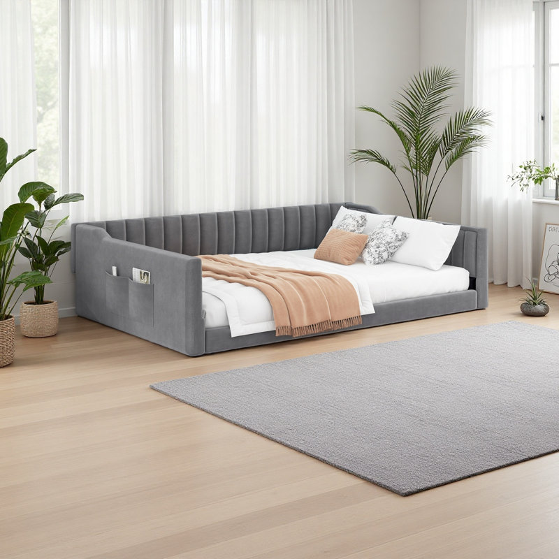 Lit de jour rembourré et poche de rangement latérale, Double XL, Gris