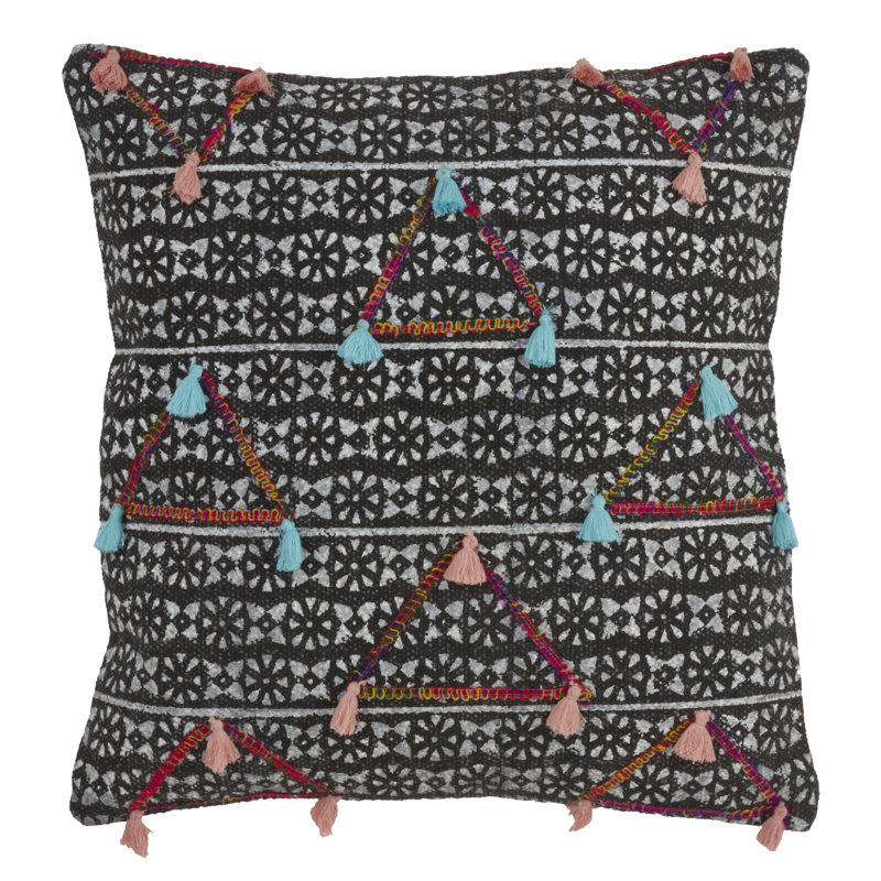 Geometric Black and Multi Embroidered Cotton Throw Pillow