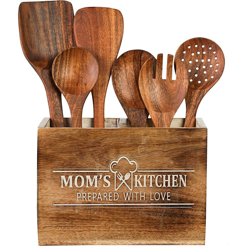 Ensemble d'ustensiles de cuisine avec support par Chef's Unique - Ensemble de spatules en bois naturel