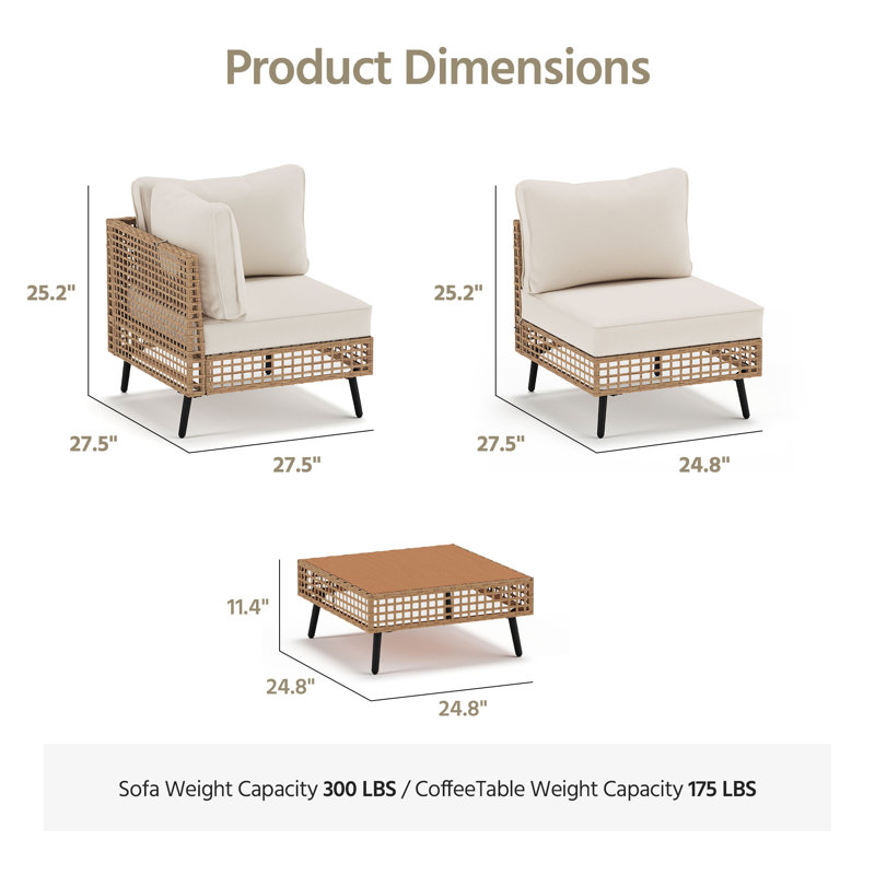 All-Weather Wicker 6 - Person Modular Patio Conversation Sets with Cushions, White/Beige