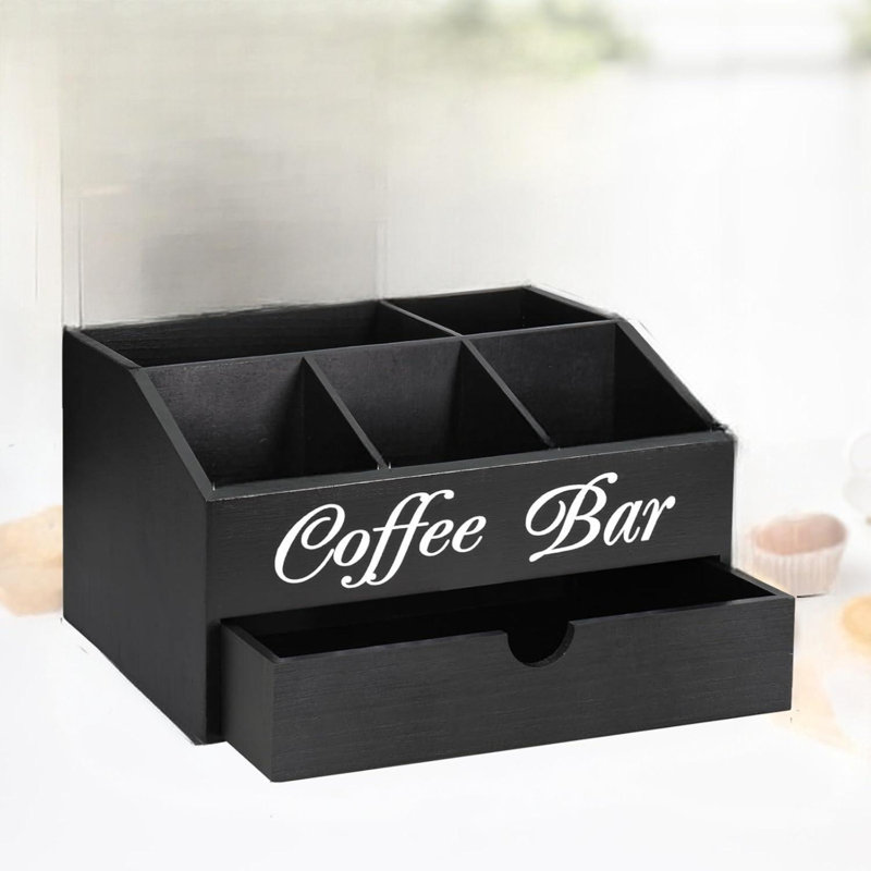 Comptoir de rangement pour bar à café, accessoires de bar en bois avec tiroir, panier de rangement pour porte-capsules, noir
