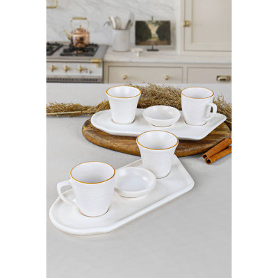 Ensemble de tasses à café élégantes 8 pièces, céramique blanche, tasses 3,4 oz (4 pièces), soucoupes 10,2 po (2 pièces), bols 2,8 po (2 pièces) | 100% céramique, idéale pour la maison et le bureau | Une expérience culinaire élégante et fonctionnelle