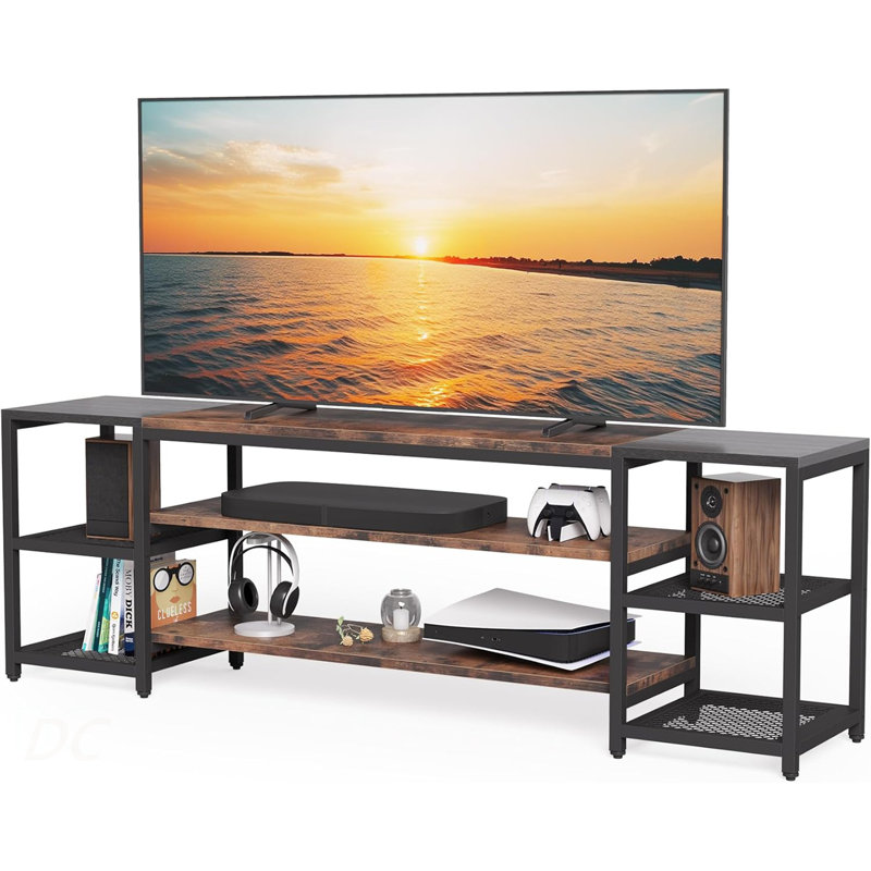 Meuble télé 78,7 po pour téléviseur de 85 pouces et plus, centre de divertissement de style campagne moderne avec tablettes de rangement ventilées à 3 niveaux et dossier en filet d'acier