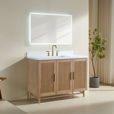 Meuble-lavabo de salle de bain autoportant 48 po entièrement assemblé avec plateau en bois massif et plateau blanc entièrement assemblé