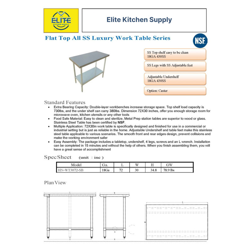 Elite Kitchen Supply Stainless Steel 72'' L x 30'' W x 34.8'' H Work Table
