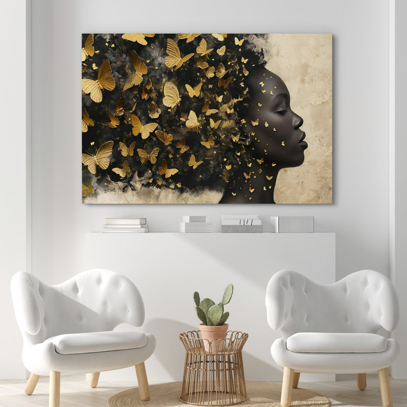 Elegance Black African American Girl Portrait Gold Butterfly Bedroom Artwork Framed Canvas Print Wall Art, Wrapped Canvas
