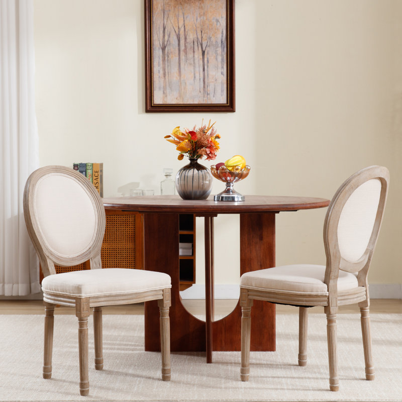 Fiquett Linen Upholstered Solid Wood King Louis Back Side Chairs (Set of 2), Wood, Beige