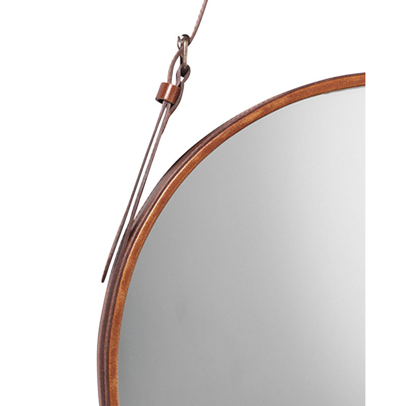 Leather Strap Hanging Wood Wall Mirror, 26" x 26"