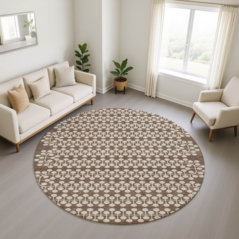 Premium Machine Washable Mayfield AMF2247 Geometric Rug, 8' Round, Brown
