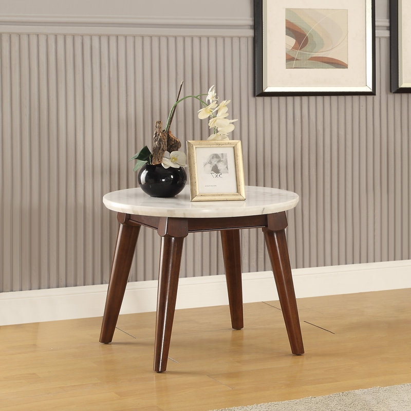 End Table, White Nature Marble Top & Walnut
