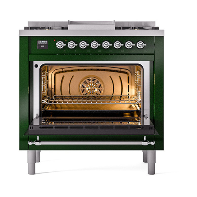 ILVE Nostalgie II Noblesse 36 in Dual Fuel Range, Emerald Green/Chrome, Liquid Propane