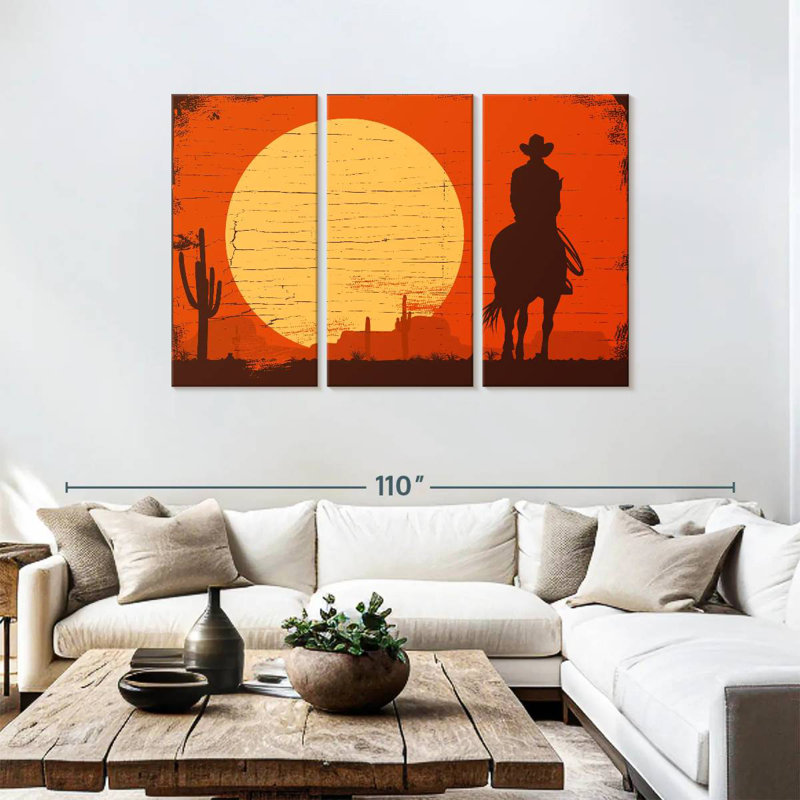 Silhouette de cowboy au coucher du soleil, H 48 po x l 74 po