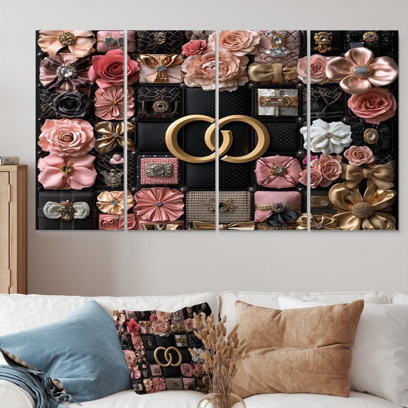 Ensemble de salon à la mode rose et noir à motif géométrique glamour, H 28 po x l 48 po