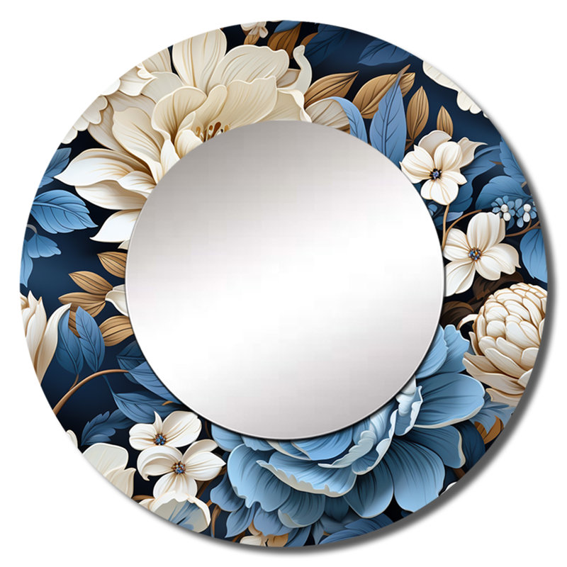 Bleu et blanc, toile florale exotique - miroir mural floral, miroir décoratif de chalet, impression d'art en métal, Rond