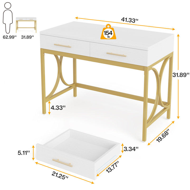 41 in Computer Desk With Two Drawers, White and Gold Modern Study Writing Desk, Gold