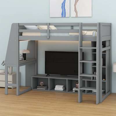 Lit mezzanine en bois avec bureau, étagères à rangement multiples, DEL et portemanteau suspendu
