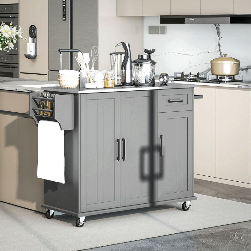 Îlot de cuisine avec plateau en acier Meader, Gris