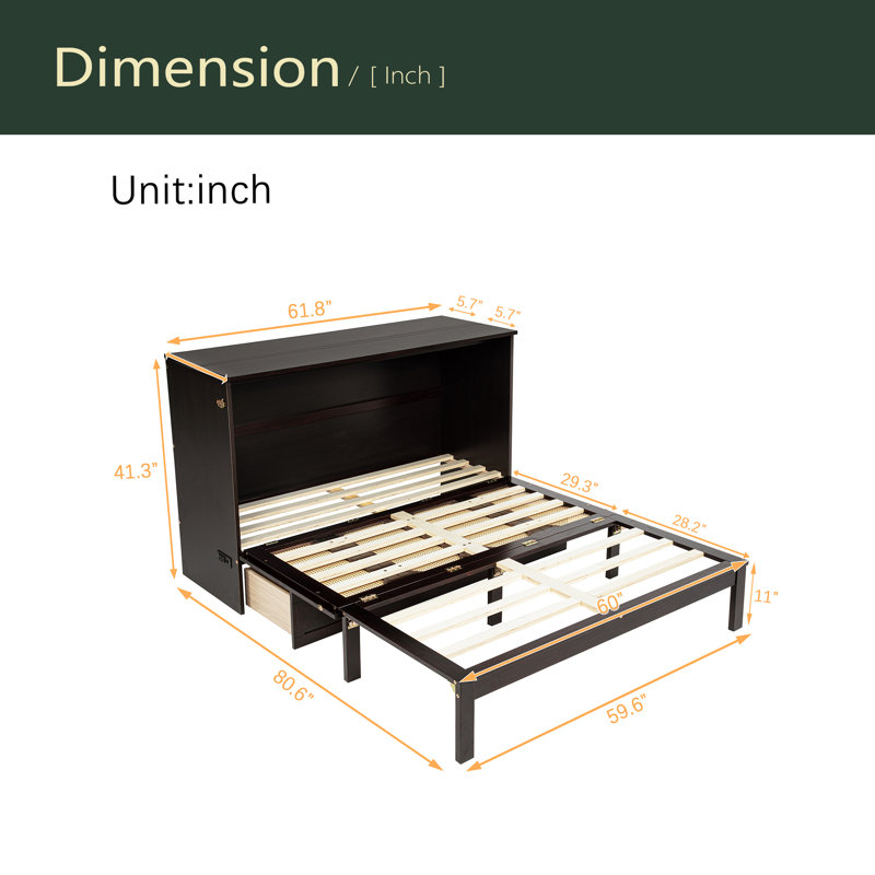 Grand lit escamotable, armoire-lit en bois de pin avec centrale électrique et panneau de décoration en rotin, Espresso