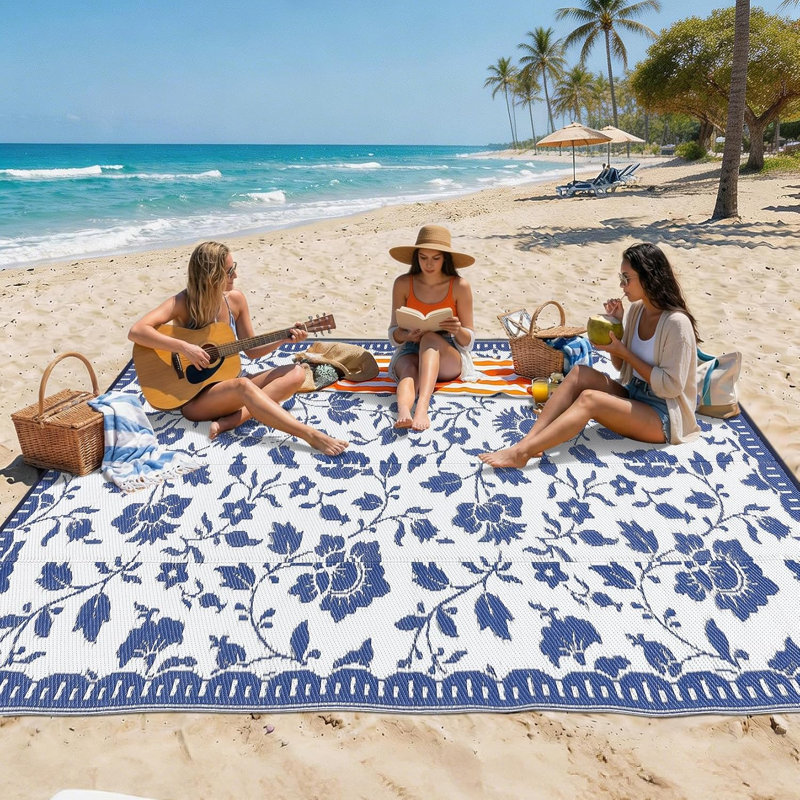 5x8 FT Navy Modern Floral Reversible Outdoor Rug, Waterproof Recyclable Polypropylene Plastic Floor Mat, Easy Clean Foldable Portable Carpet for RV Patio Backyard Deck Picnic Beach Camping