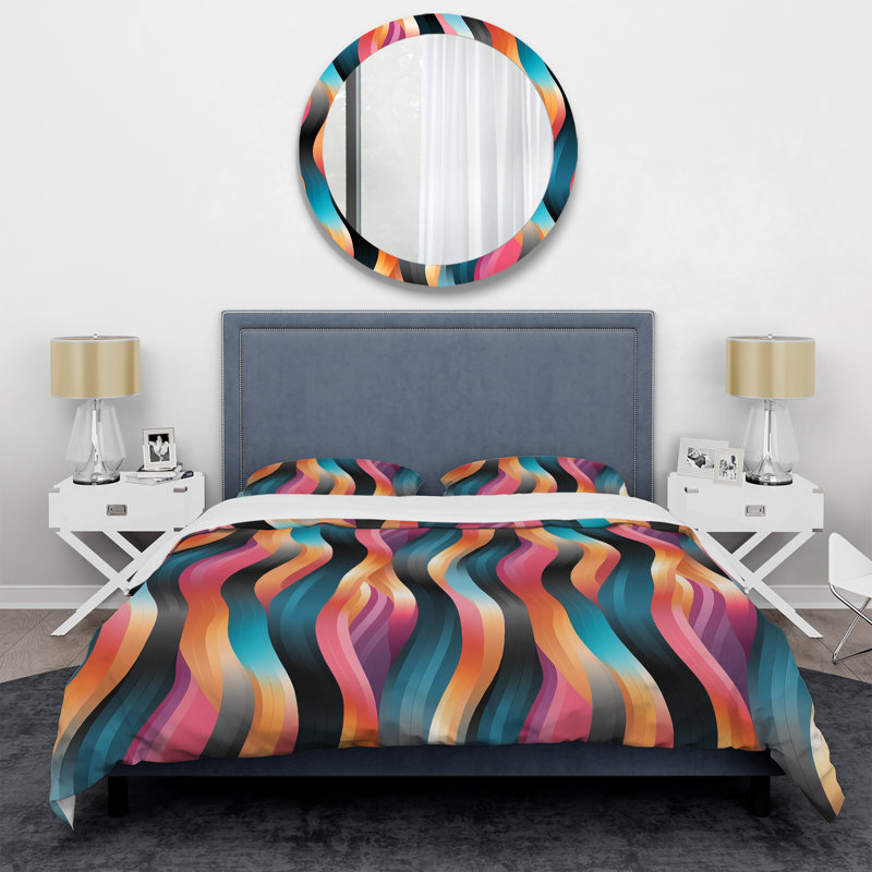 Colorful Vibrant Waves Mosaic Abstract Duvet Cover, King Duvet Cover + 2 King Shams