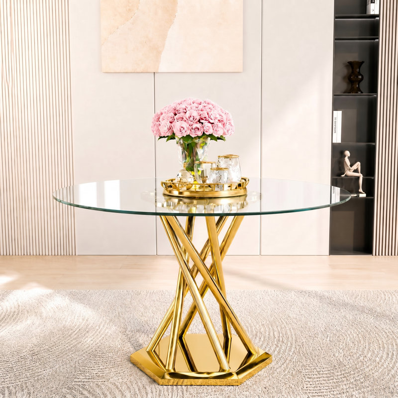 47.2" Round Glass Dining Table, Modern Round Clear Kitchen Table, Tempered Glass with Gloss Stainless Legs Table, for Dining, Kitchen, Small Space