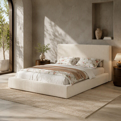 Cream Queen Bed Surround, Low Profile Corduroy Cushioned Bed Surround with High-Density Sponge, Upholstered Bed Surround for Queen Size Frame