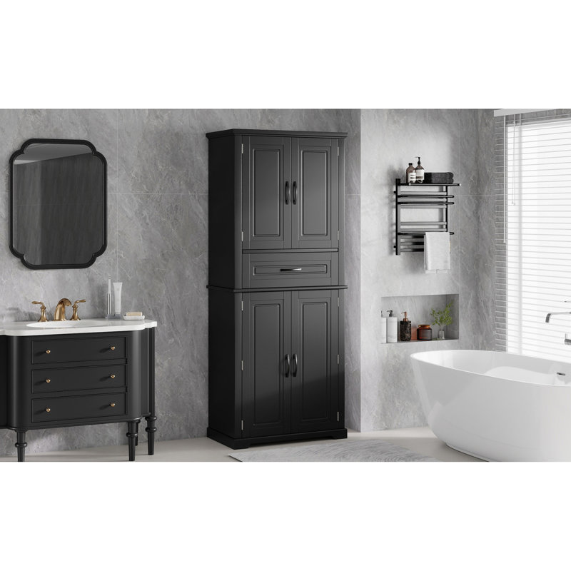 Multifunctional Black Bathroom Storage Cabinet, Adjustable Mdf Shelves, Modern Indoor Use