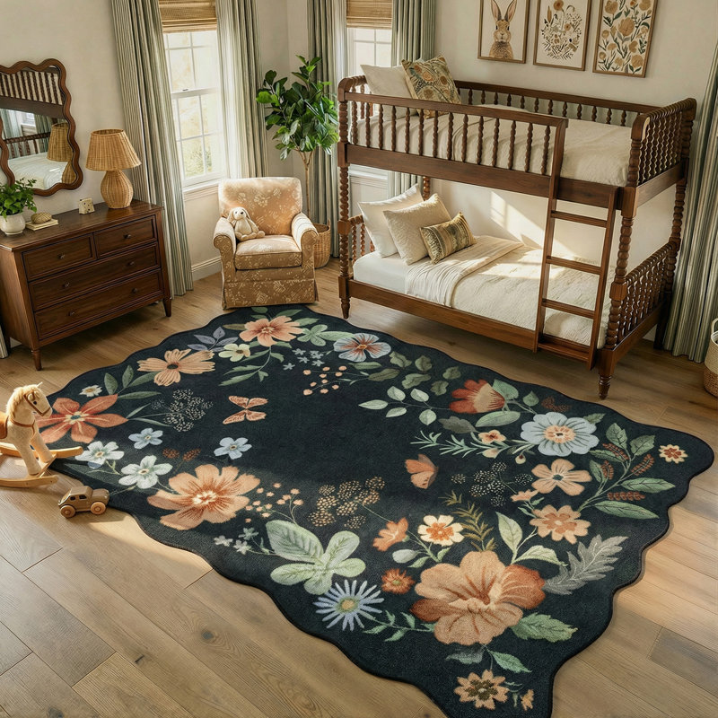 Garbrand Machine Washable Floral Farmhouse Area Rug with Non-Slip Backing for Living Room, Dining Room, Bedroom