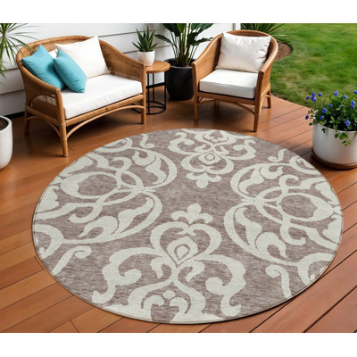 Tapis rond lavable intérieur taupe et ivoire 8 pi