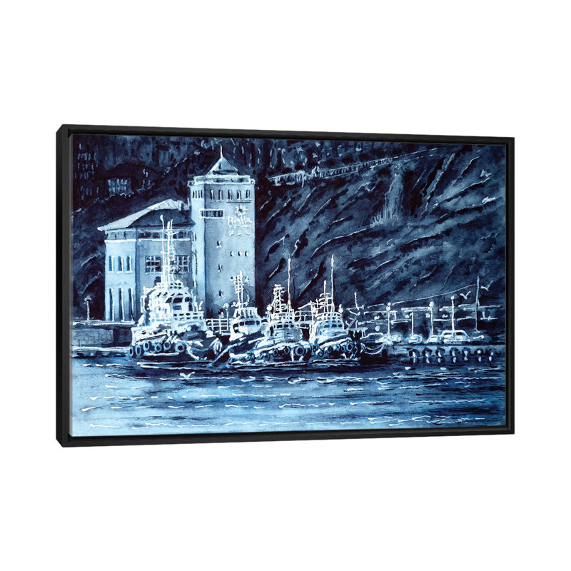 « tugboats », impression sur toile, H 18 po x l 26 po x P 1,5 po, Toile avec cadre noir, Pas de tapis
