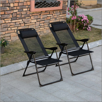 Ensemble de 2 chaises de patio pliantes, chaise longue d'extérieur à dossier réglable, chaise de camping avec appui-tête amovible pour le jardin, la cour et la pelouse