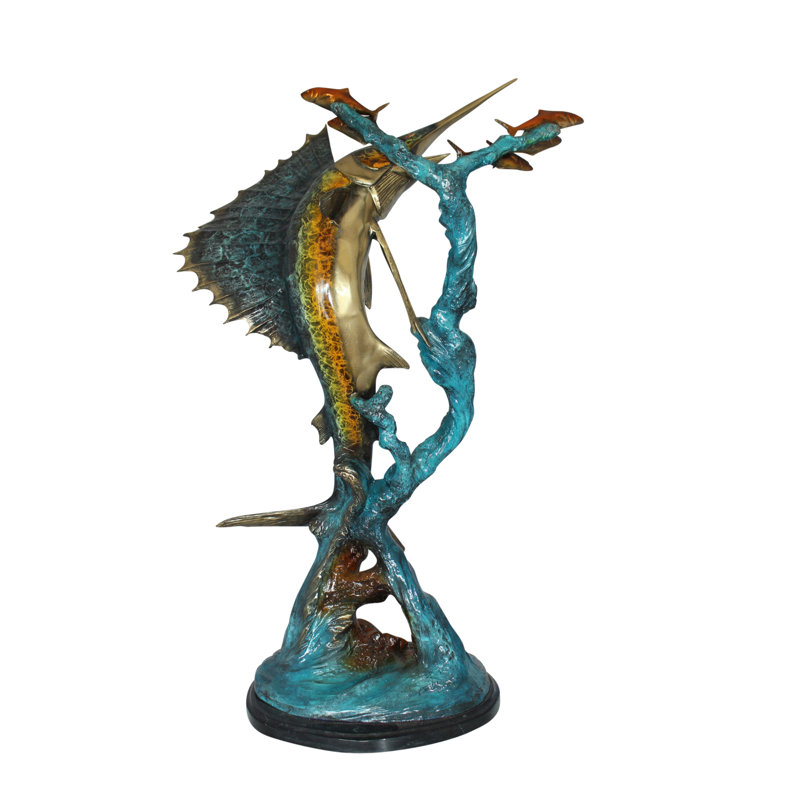 Statue en bronze Bobb Sailfish-large sautant avec petits poissons