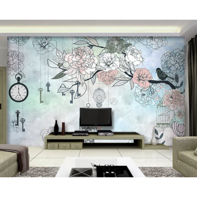 Adhésif mural fleurs, clés, cages, oiseaux
