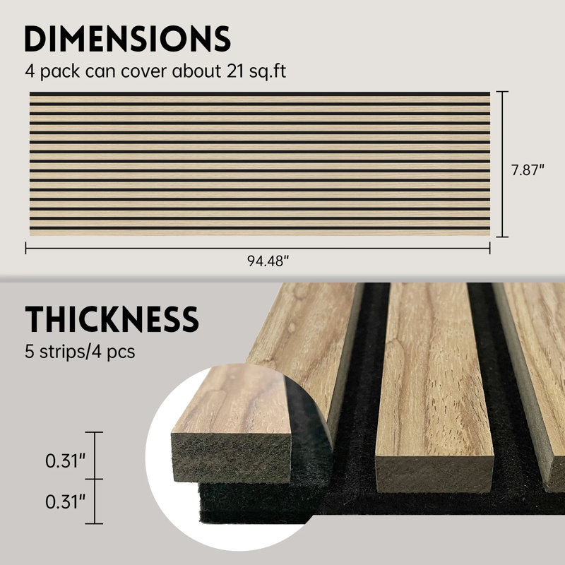 Panneaux muraux décoratifs à lattes acoustique 94,48 po x 7,87 po, paquet de 4, Naturel, Chêne