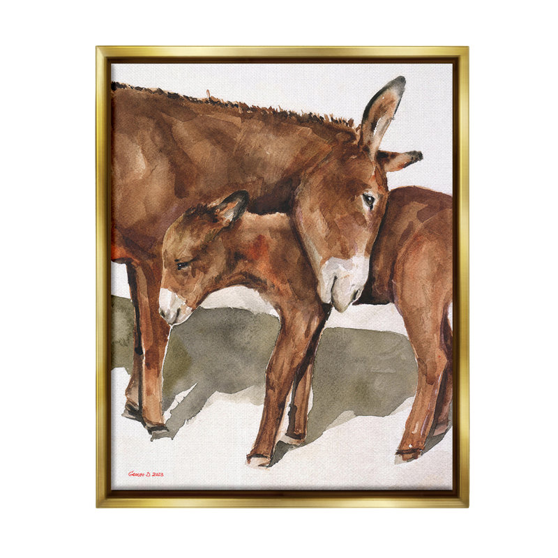 "Cuddling Donkey & Foal" par GeorgeDyachenkoArt sur toile, Cadre flottant métallique doré, H 21 po x l 17 po