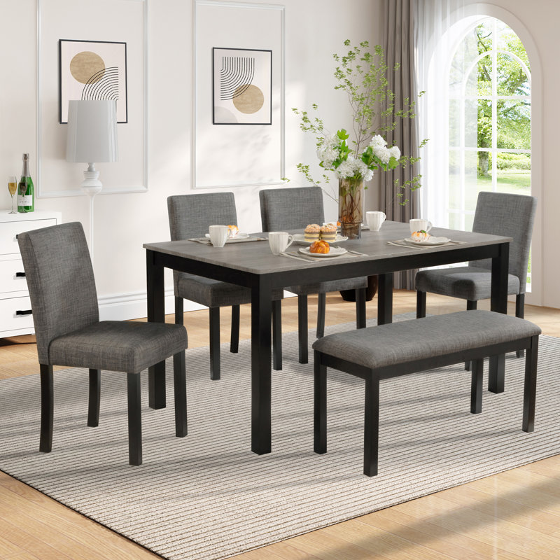 Ensemble de table de salle à manger 6 pièces avec banc et chaises, Gris clair, Gris clair / noir