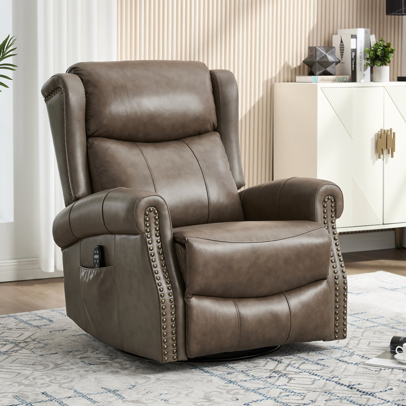 34.8"W Genuine Leather Manual Swivel Rocker Recliner Vintage Recliner With Heated Massage, Gray Brown