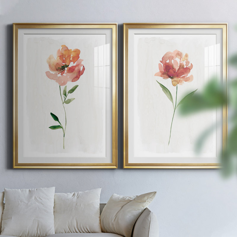 Happy Bloom I - ensemble de 2 reproductions d'art, H 26,5 po x l 73 po x P 1,5 po, Papier encadré doré, Blanc
