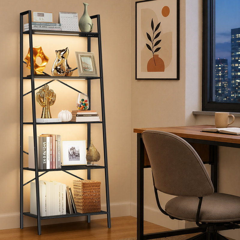 5-Tier Metal Ladder Bookcase with Lighting, Black