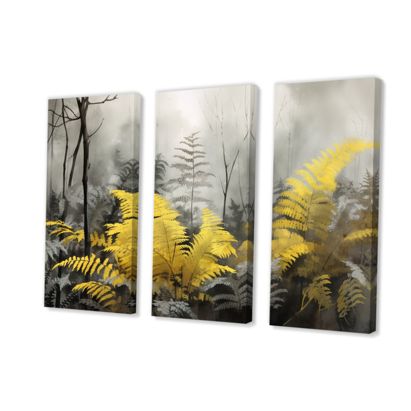 Yellow Grey Ferns Dream II - Floral Canvas Prints Set, H 28 po x l 36 po x P 1 po