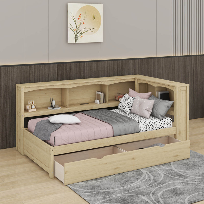 Lit de jour simple avec tiroirs de rangement et ports USB, Bois