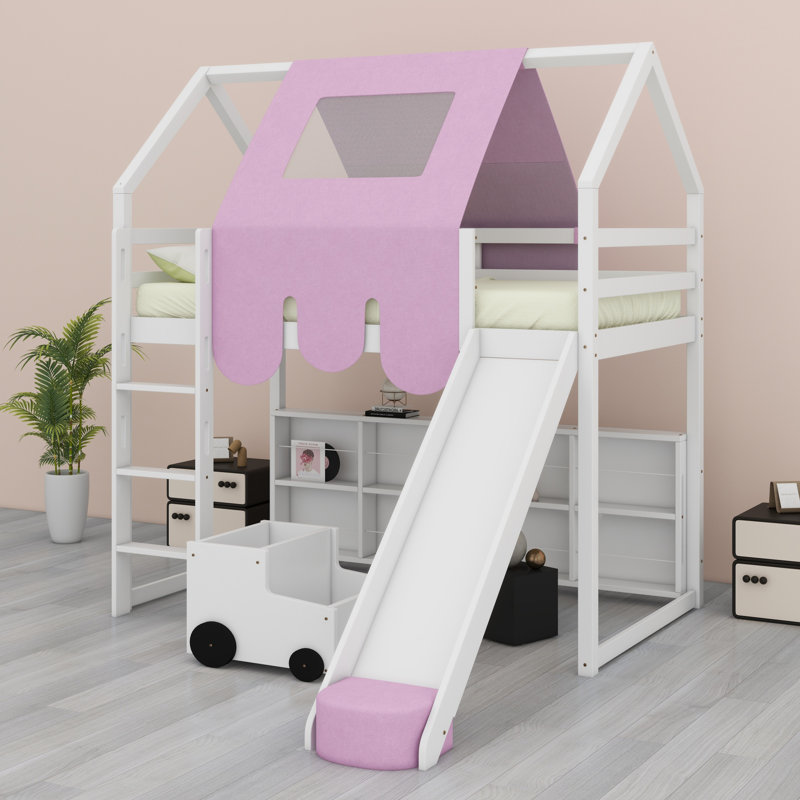 Structure de lit en mezzanine avec tente, Lit simple, Blanc / Rose