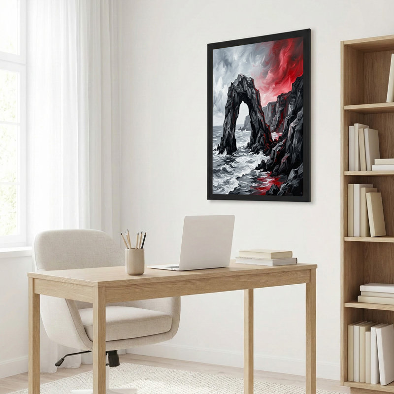 Art mural sur toile Black Rock Arch Over Ocean and Red Sky, 20"H x 30"W