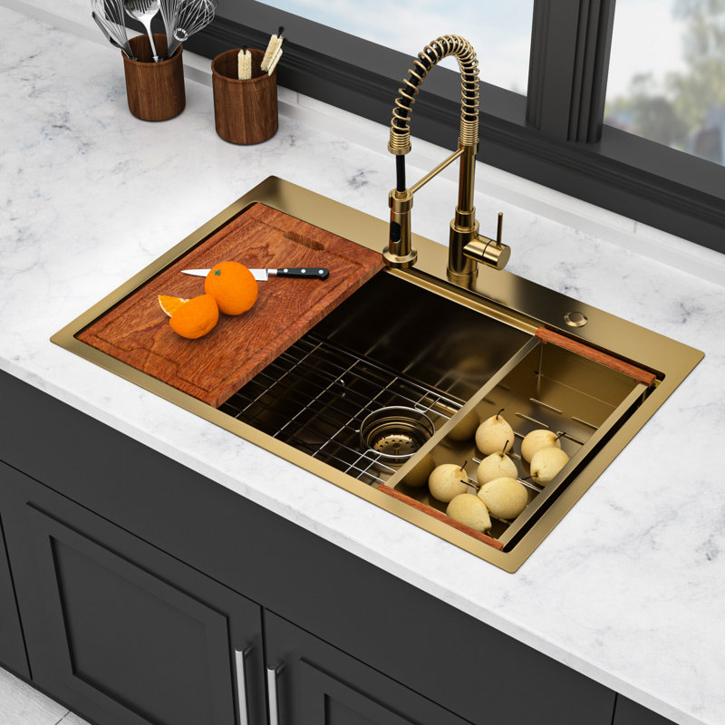Évier de cuisine encastré en acier inoxydable 33 po T304 de calibre 16 de 33 po, poste de travail avec fonction de rail, débit d'eau doux, revêtement de réduction du bruit, grille d'évier et ensemble de drain en acier 33 * 22 po