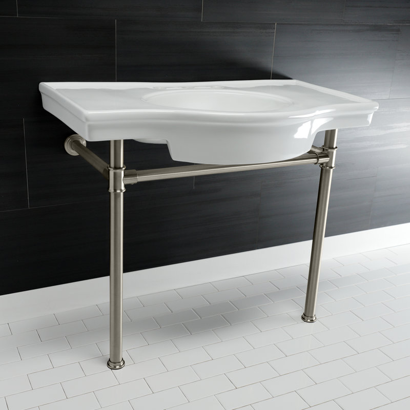 Kingston Brass Templeton 37-Inch Ceramic Console Sink with Stainless Steel Legs (8-Inch, 3-Hole), Brushed Nickel