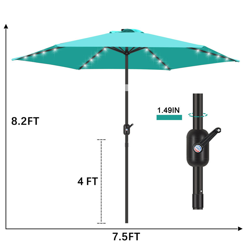 7.5 Ft Peacock Blue Solar LED Lighted Patio Umbrella
