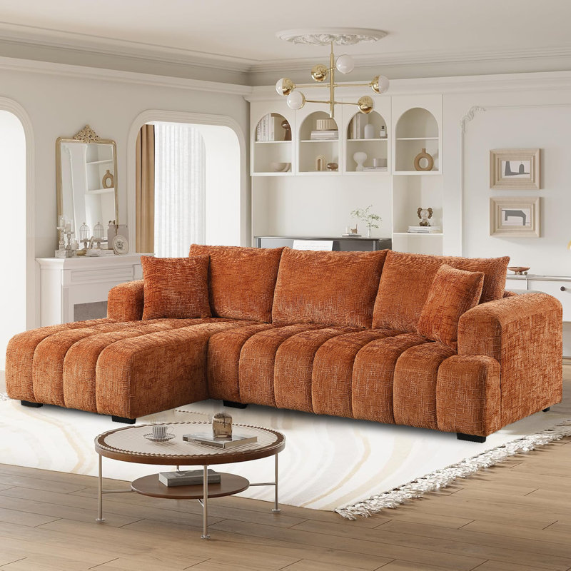 Modern Tufted Sectional Right-chaise Sofa , Orienté à gauche (vu de face), Chenille bleu, H 34,2 po x l 109,4 po x P 62,5 po